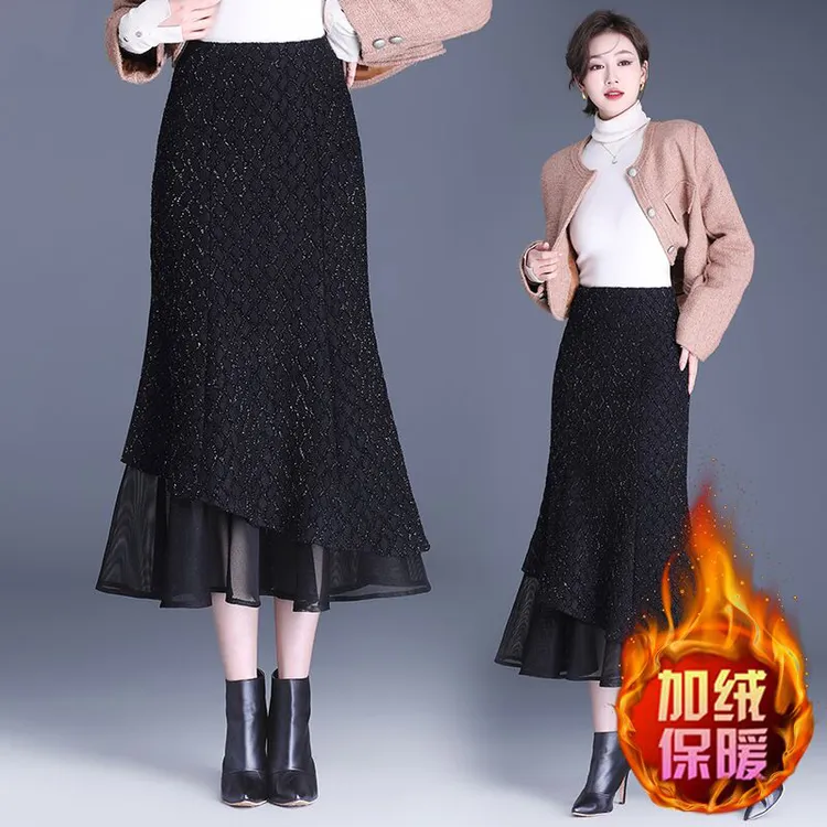 小香风黑色鱼尾裙半身裙女秋冬加绒加厚长裙高腰显瘦气质包臀裙子