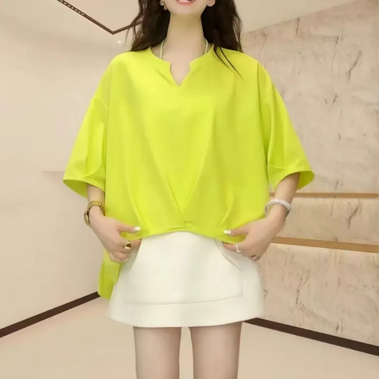 夏季2025韩系chic显瘦宽松百搭上衣时尚宽松V领不规则短袖t恤5993