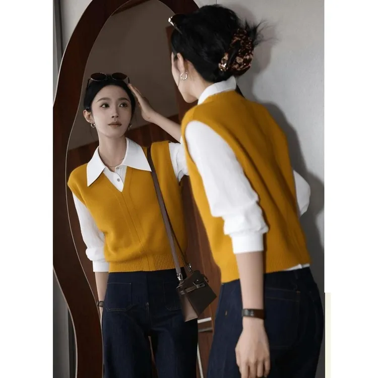 黄色拼接假两件衬衫针织衫毛衣女款2025新款巨好看的冬装内搭上衣