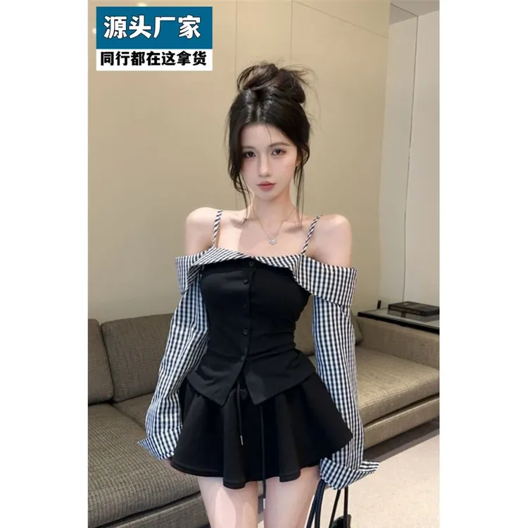梵乐芬辣妹风黑色格子拼接时尚套装女早秋一字肩长袖吊带衬衫高腰