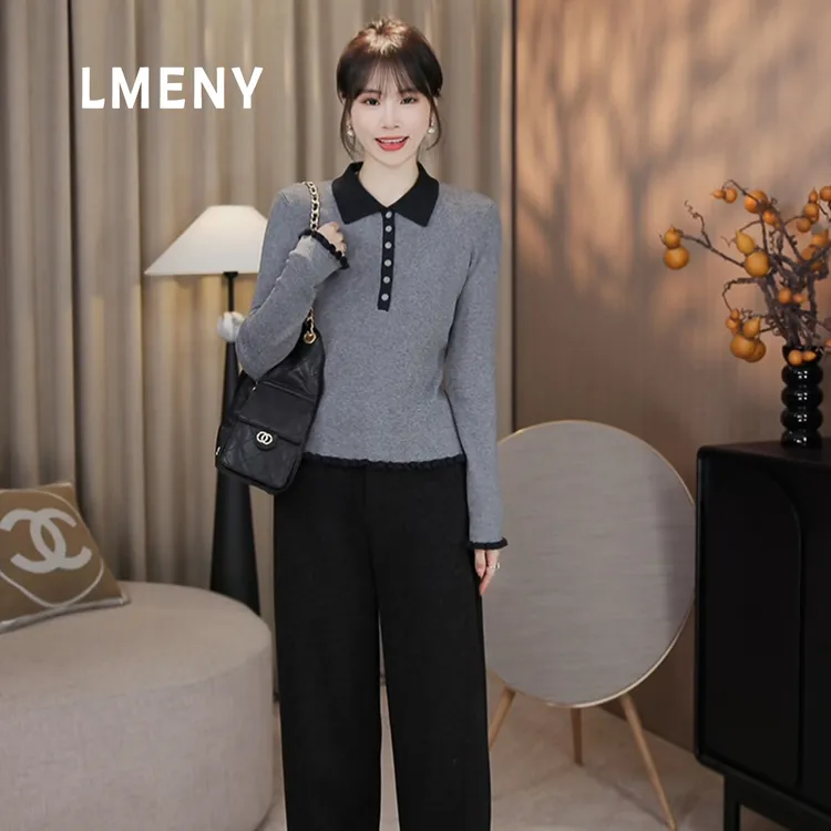 LMENY“花边撞色毛衫”玩转色彩!半开襟花边绵羊毛针织衫25DM008