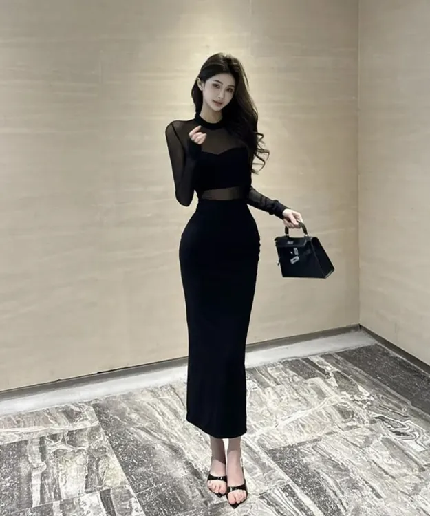 A609 御姐辣妹性感网纱拼接镂空气质黑色女内搭小众修身包臀长裙
