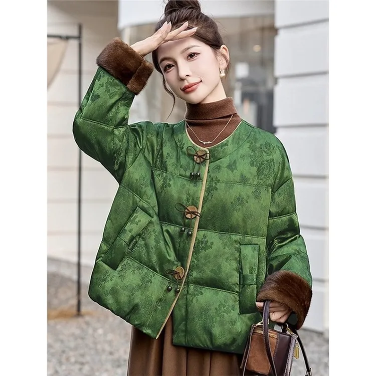 新中式国风羽绒棉服女2025年新款冬季小个子高级感提花外套潮
