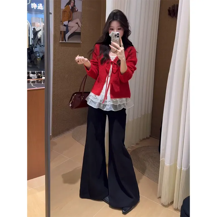 秋冬新款新年红色针织衫叠穿吊带上衣女阔腿牛仔裤套装