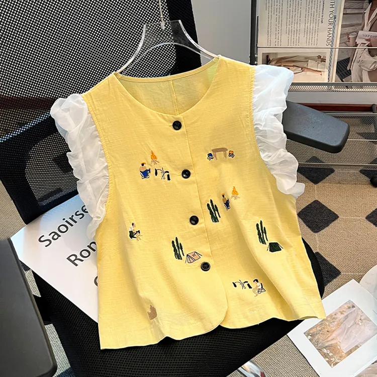 韩系重工刺绣卡通图案花苞飞飞袖衬衫女夏季洋气减龄上衣气质小衫