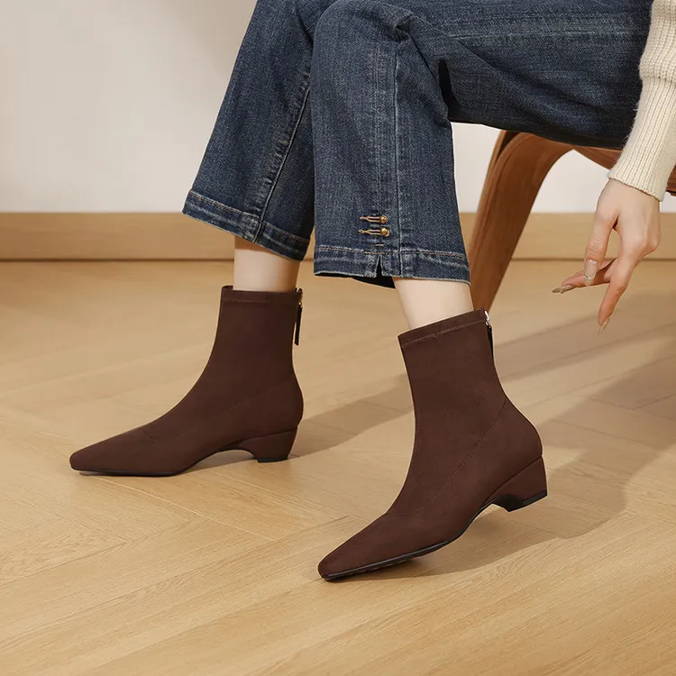 AMEINOR2025秋冬季真皮小方尖头后拉链时尚百搭坡跟瘦瘦靴女短靴商品图