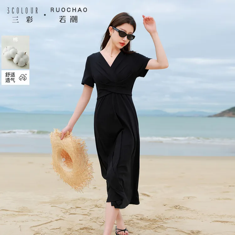 三彩大码女装2025夏季新款交叉绑带小黑裙连衣裙V领短袖胖MM