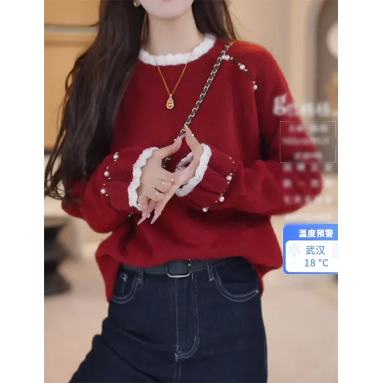 韩系假两件拼接红色针织衫女2025冬季新款百搭毛衣减龄显瘦上衣潮