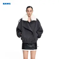 NAWS 飞行夹克毛呢外套 环保狐狸毛大翻领宽松保暖羊毛毛呢外套