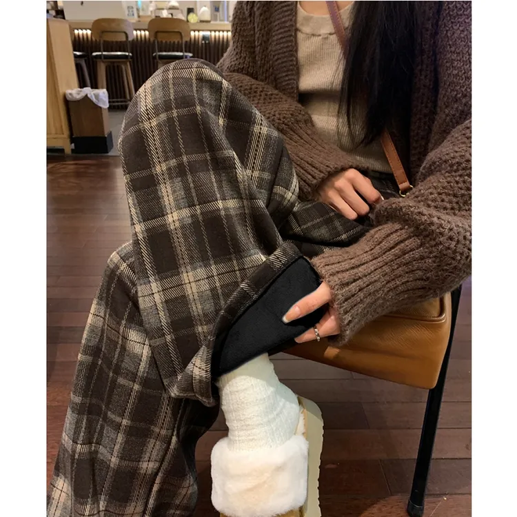 180高个子175加长咖色格子加绒休闲裤女垂感复古慵懒风毛呢阔腿裤