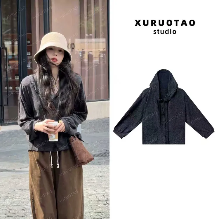 XURUOTAO【格雷剧幕】羊毛百搭连帽设计感显瘦黑灰色上衣 T5505