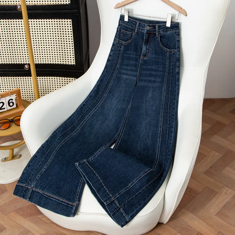 高腰复古蓝牛仔裤女2025秋冬新款宽松微喇直筒外穿百搭长裤潮7953
