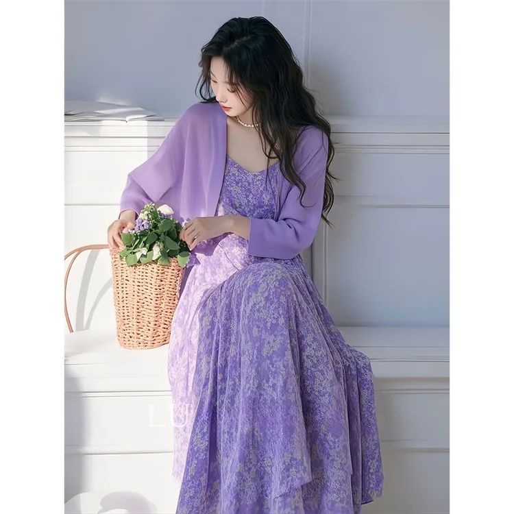2025新款春季套装女韩系温柔风穿搭紫色薄开衫外套配碎花裙两件套