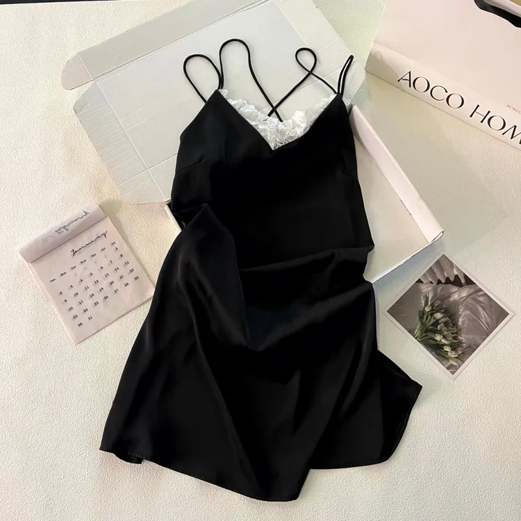 冰雪丝睡衣女夏季纯欲性感蕾丝交叉美背吊带黑色睡裙高级感家居服