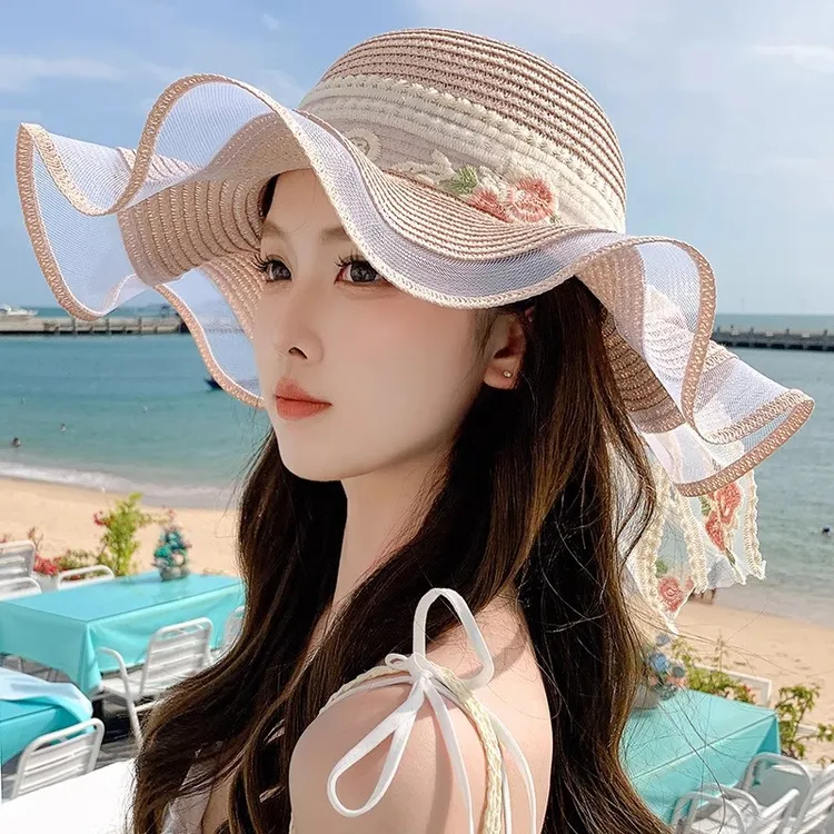 花朵飘带遮阳帽女海边蕾丝太阳帽夏季防紫外线大帽檐沙滩草帽