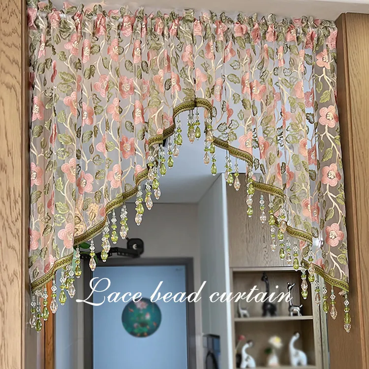 法式吊珠门帘重工吊珠半截门帘蕾丝刺绣氛围感门帘免打孔拱形纱帘