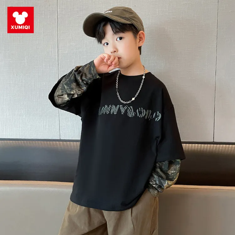 男童拼接长袖T恤春秋款2025新款儿童假两件中大童韩版卫衣男孩春