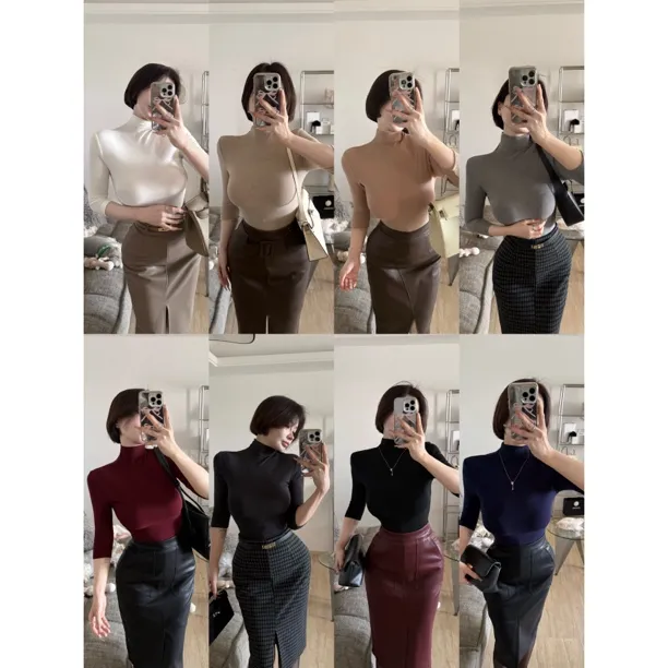 希野逸儿/极简知性 气质修身半领中袖打底软糯弹力2025秋冬上衣