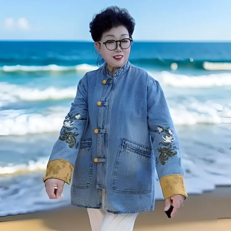 【贵丽坊】金影奇新款重工秋装牛仔外套女大码时尚新中式国风上衣