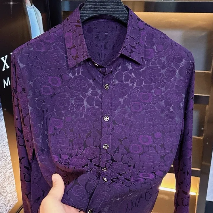 新款男士秋冬季新款长袖翻领欧货衬衫高级感潮牌休闲时尚百搭紫色