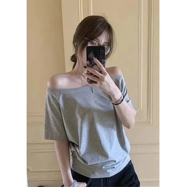 夏季新款设计感宽松弹力一字肩小众百搭显瘦上衣女短袖T恤3941