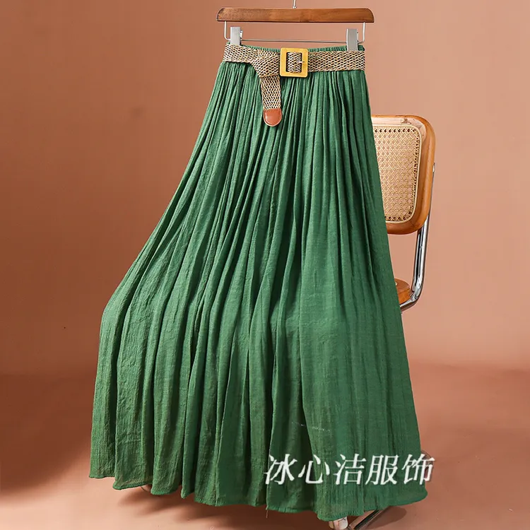 墨绿色复古仿棉麻长款大摆半身裙女秋季2025新款遮胯显瘦A字长裙