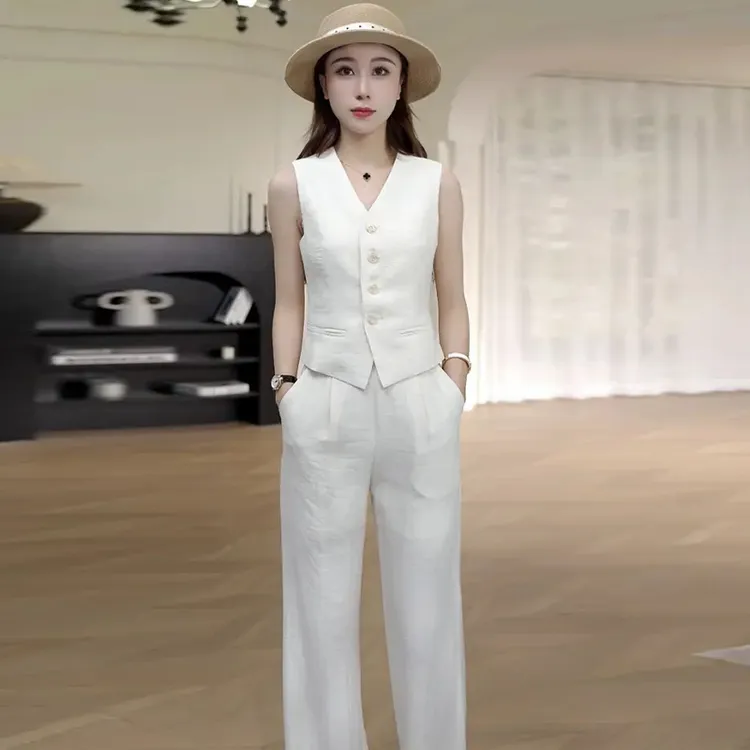 休闲减龄纯色套装女2026年夏季新款无袖背心马甲阔腿长裤两件套潮