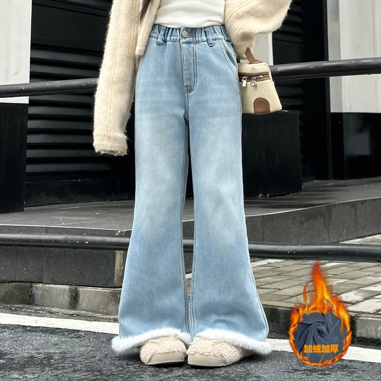 女童喇叭牛仔裤冬装2026新款儿童洋气好看加绒裤子大童女孩阔腿裤