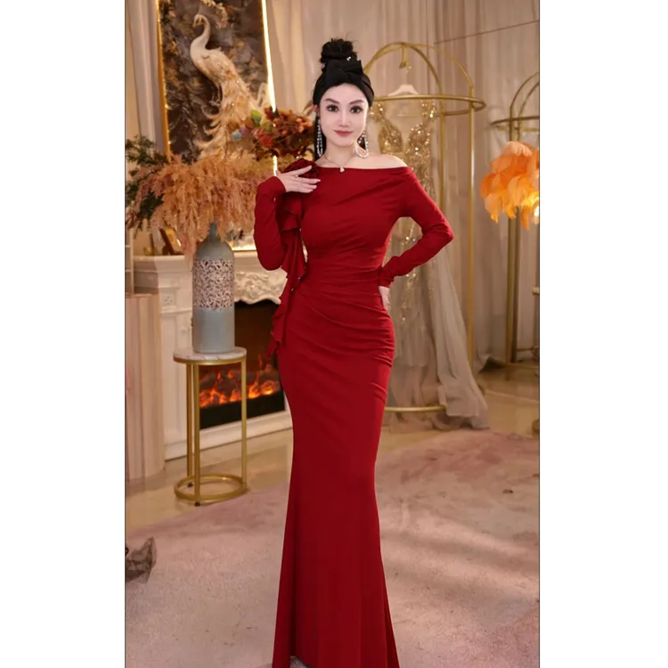 【星姐推荐】星原创高级定制【火焰】设计师花朵飘带磨毛斜肩连衣裙