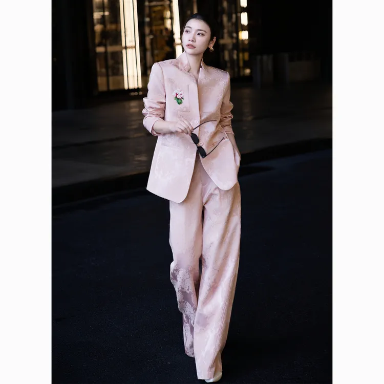 ZEROYK新中式国风西装套装高端复古提花钉珠西服阔腿裤气质两件套