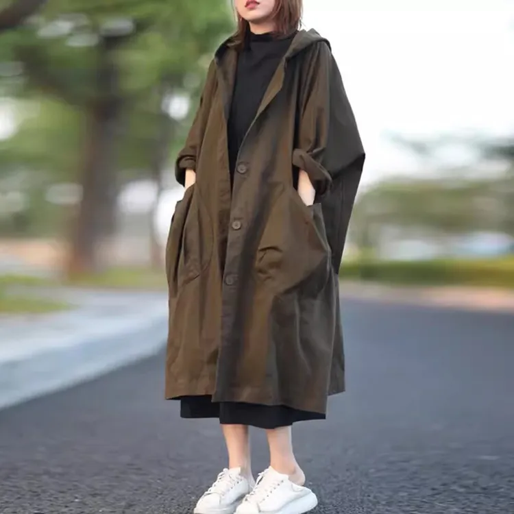 春秋季新款韩版简约复古宽松中长款连帽拼接口袋纯棉百搭风衣外套