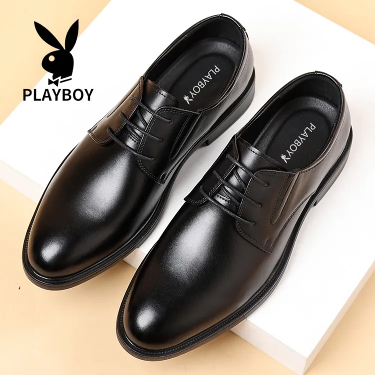 花花公子男鞋秋季透气百搭英伦商务正装真皮休闲增高软底结婚鞋男