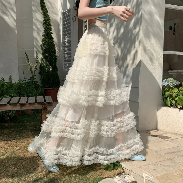 杏色甜美仙女网纱半身裙女春夏法式气质显瘦纱裙中长款a字蛋糕裙