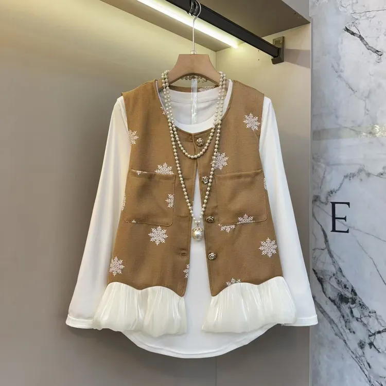 欧货时尚大码洋气雪花图案女装蕾丝通勤打底衫+马甲两件套7931