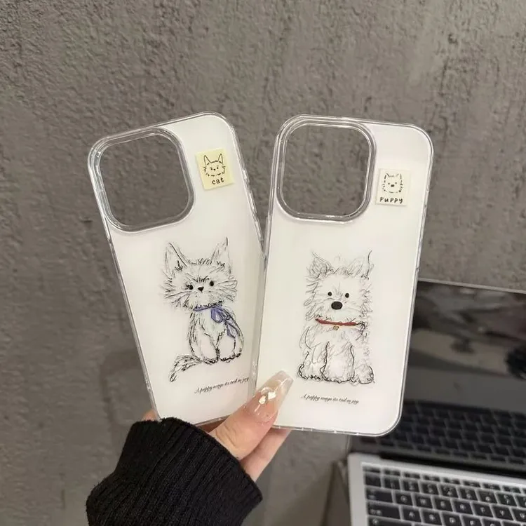 潦草猫狗适用苹果16/15/14手机壳iPhoneX小众高级IMD大孔双层防摔