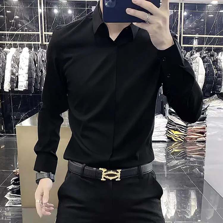 高级感免烫长袖休闲衬衫男士时尚商务正装丝滑垂感无痕黑色衬衣男