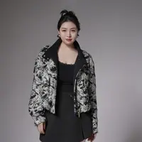 多肉宝贝水墨画立领拉链短外套女胖mm气质百搭25097B3197