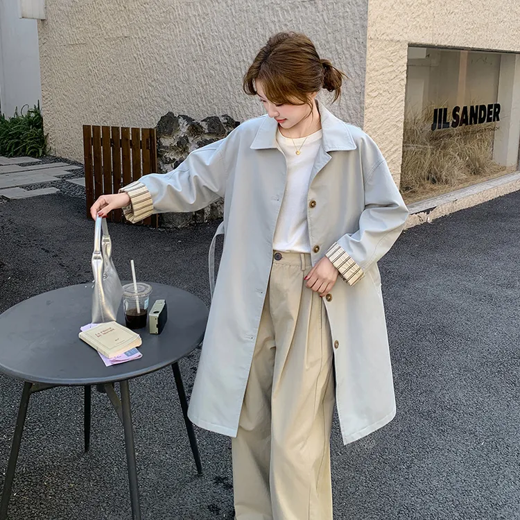 韩系时尚气质系带收腰外套女2025新款春秋季显瘦单排扣中长款风衣
