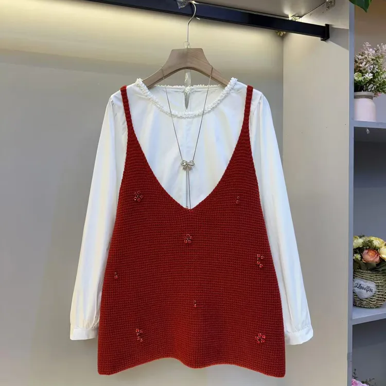 新中式时尚重工衬衫加针织马甲套装女显瘦百搭秋冬装