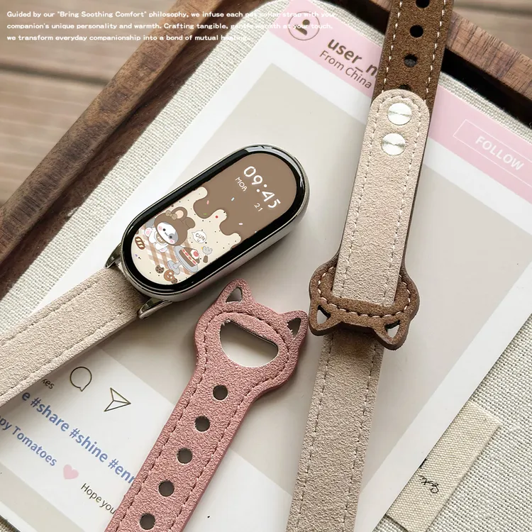 适用于小米手环10/9表带皮质可爱猫耳钉扣创意高级感翻毛皮绒面