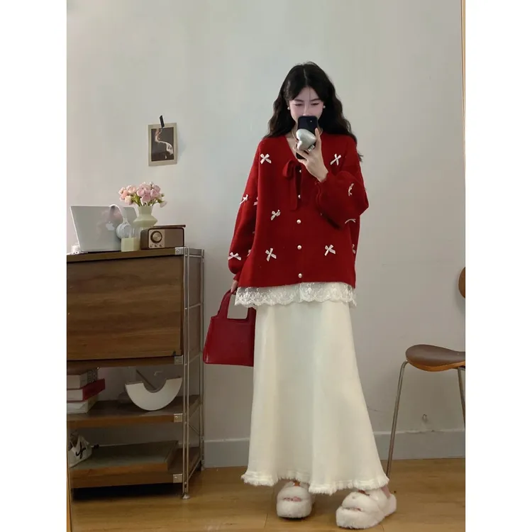 大码女装胖mm秋冬新款韩系慵懒风蝴蝶结蕾丝针织毛衣半身裙两件套