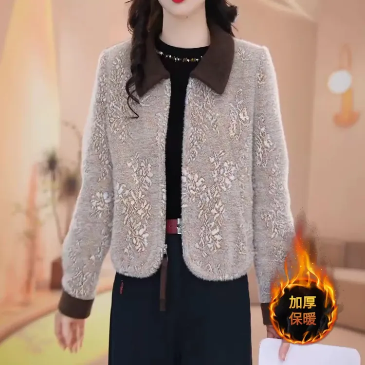 【衣雅严选】8102-2504#新款加棉加厚优雅保暖显瘦翻领花卉外套