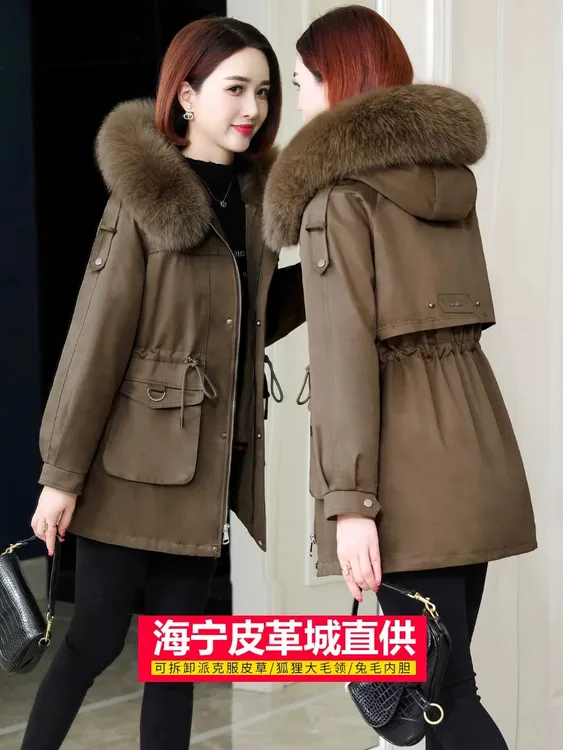2025冬新女派克服狐狸大毛领兔毛皮内胆可拆卸中长款皮毛一体外套