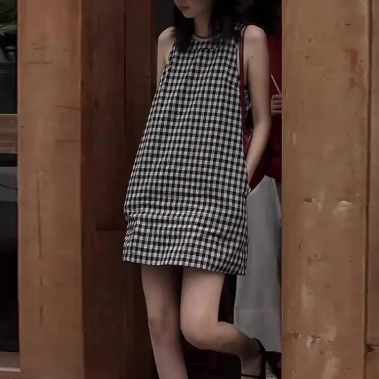 韩版复古拼色格纹无袖裙子女夏季新款修身显瘦收腰设计百搭连衣裙