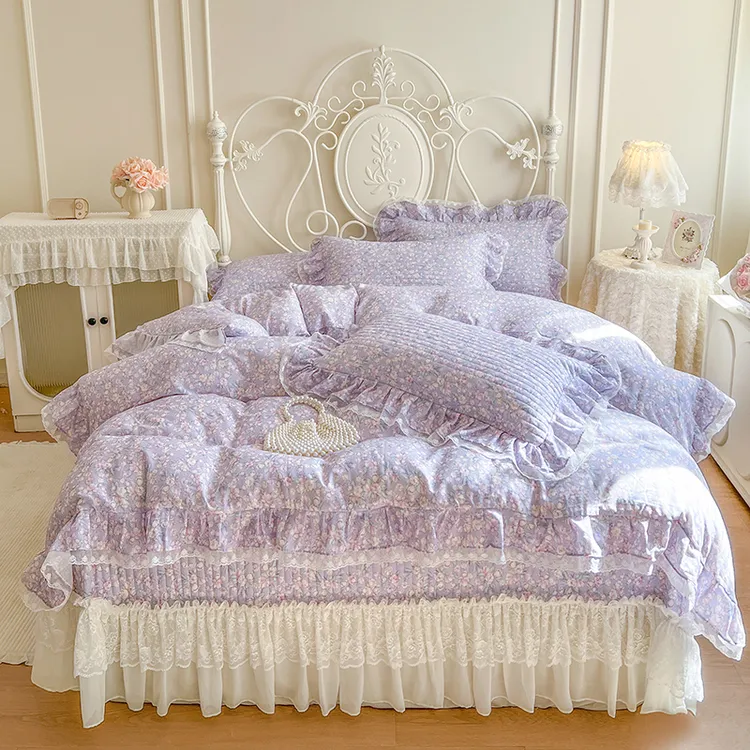 【纯棉双层纱】加厚床盖四件套全棉印花夹棉床罩花边被套防滑四季款