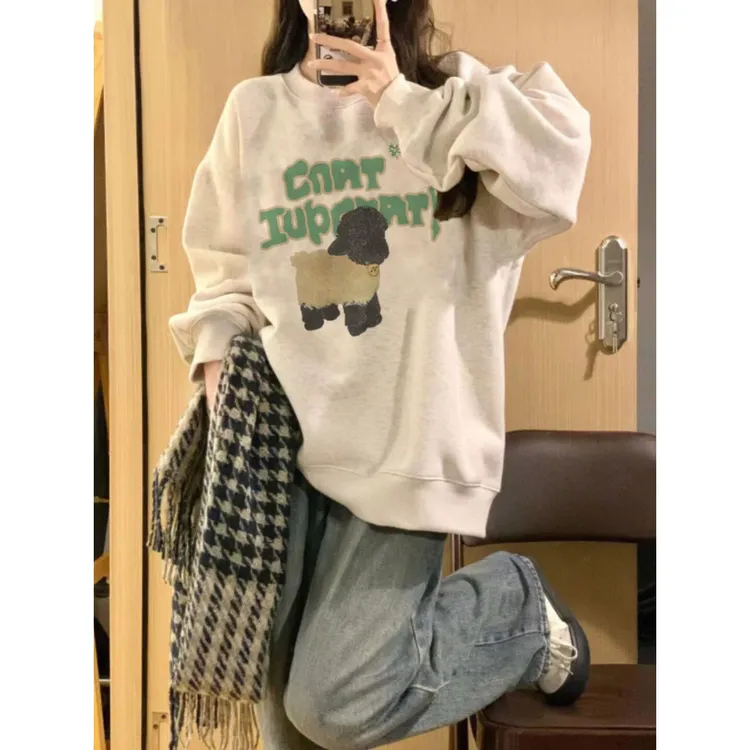 白灰色小羊重磅卫衣女ins潮oversize春秋薄款宽松小众设计感上衣