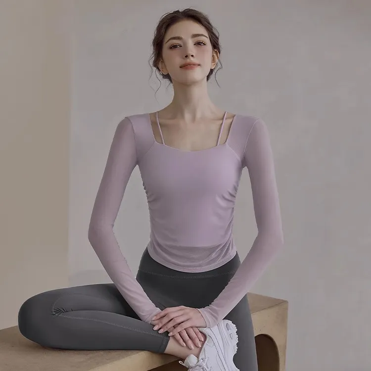 瑜伽服上衣女春季健身运动普拉提训练显瘦紧身带胸垫2025新款长袖