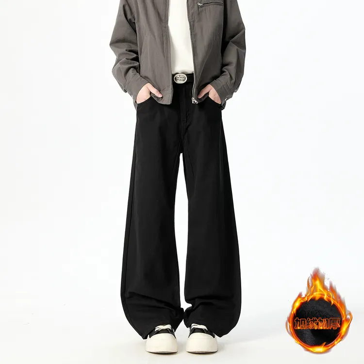 美拉德美式休闲牛仔裤男冬季加绒潮牌水洗高街cleanfit直筒微喇裤