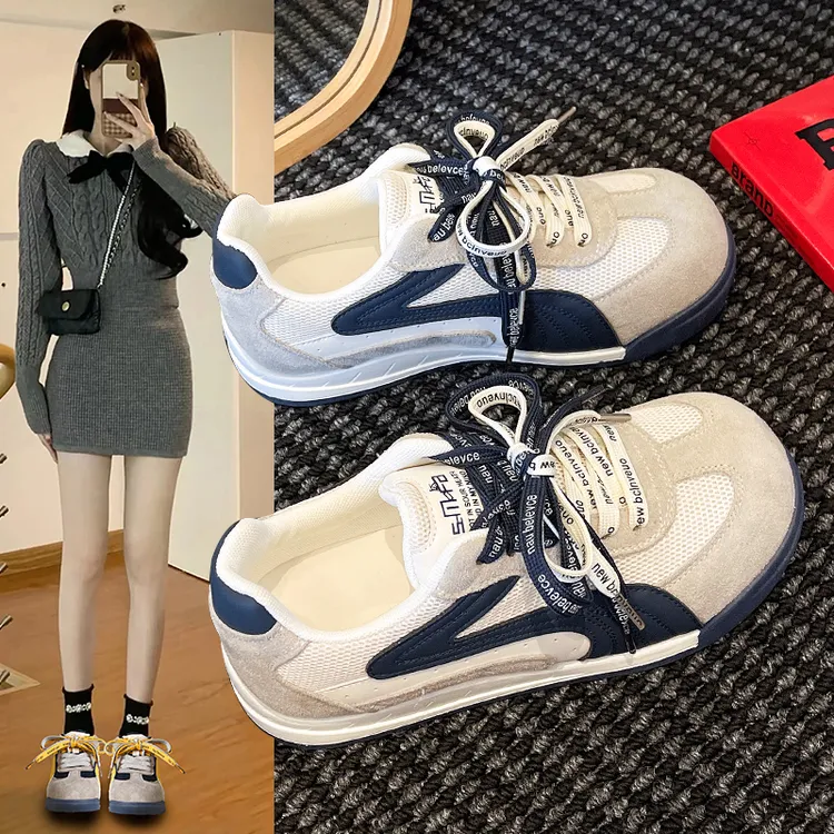 德训鞋复古轻便软底显脚小2025早秋运动鞋双鞋带厚底透气网面女鞋
