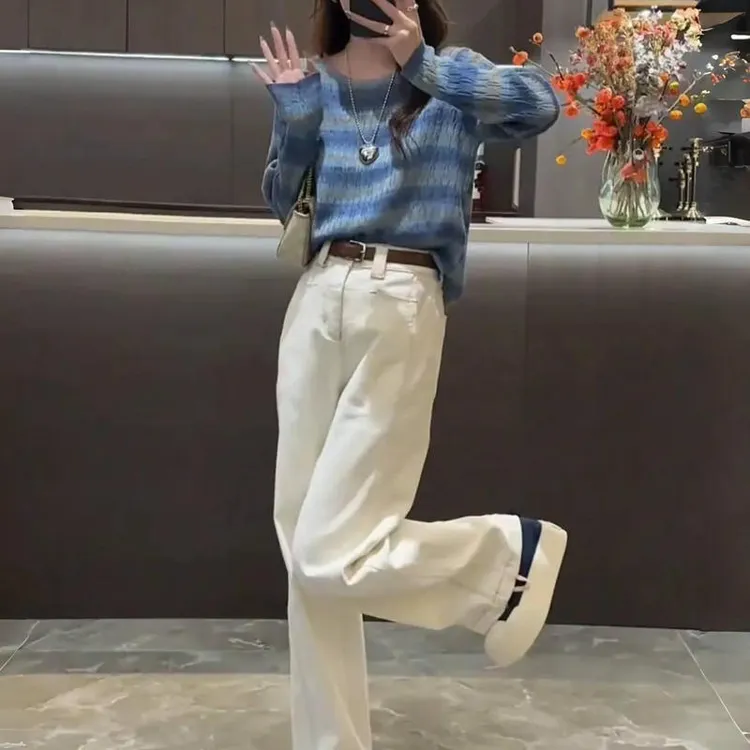 入秋搭配一整套2025新款条纹针织衫牛仔阔腿裤两件套时尚减龄套装